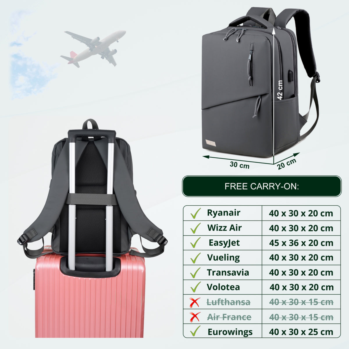 Youth School & College Backpack VIO | Fits 15.6 Laptop A4 | Built-In USB Port | Ryanair & Wizz Air Carry-On For Campus, University & Travel | Water-Resistant – Grey