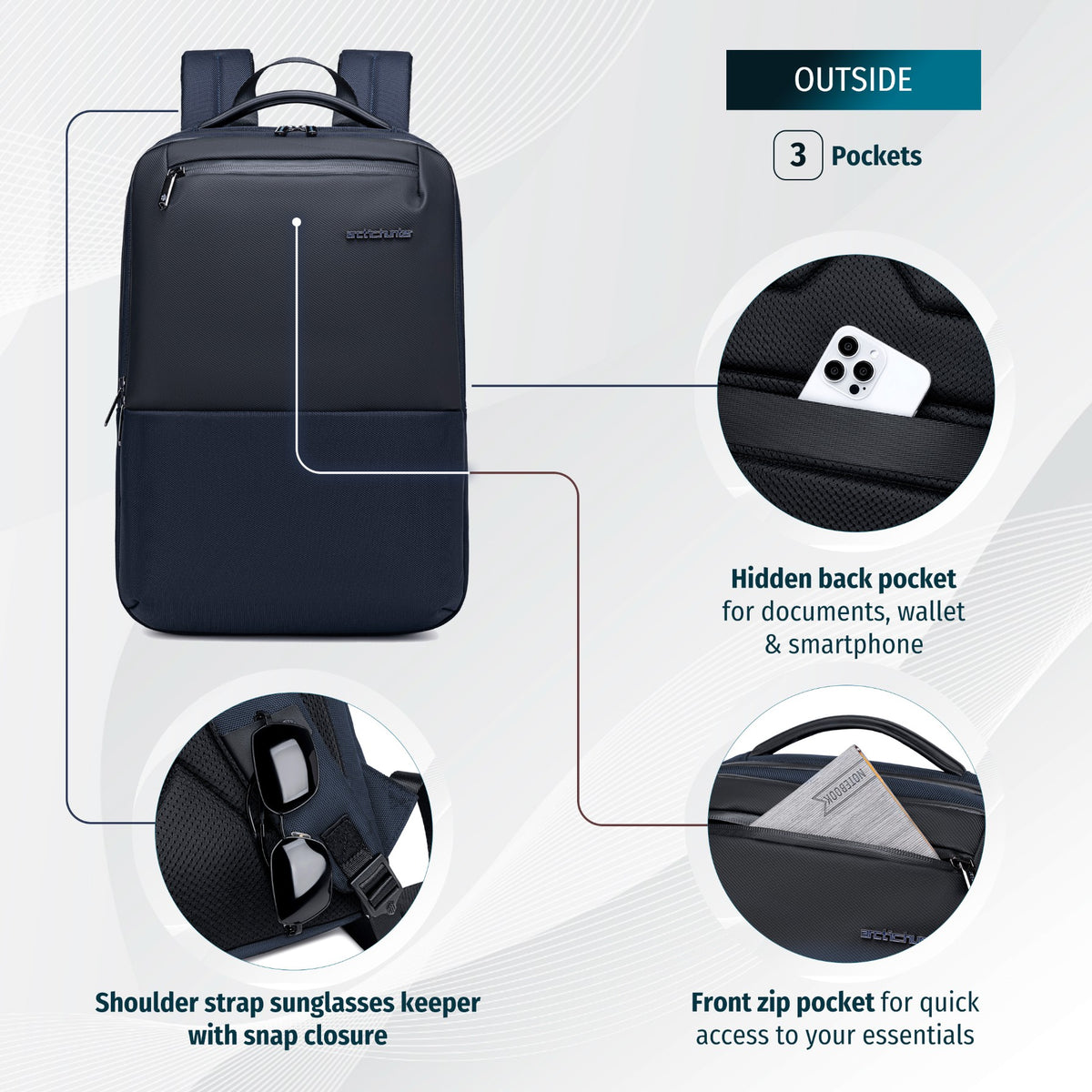 Funkcjonalny plecak miejski Arctic Hunter | na laptopa 15.6" | Wodoodporny  – Granatowy