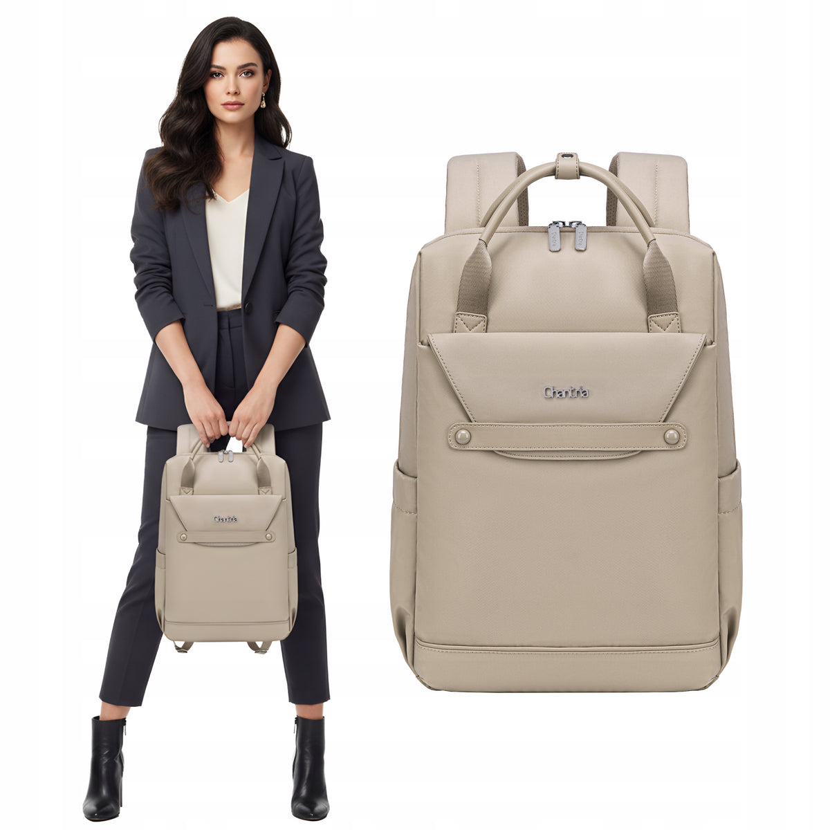 Women's Elegant Backpack Tote Chantria | Fits 15.6 Laptop A4 | For Office & Business Style | Water-Resistant – Beige