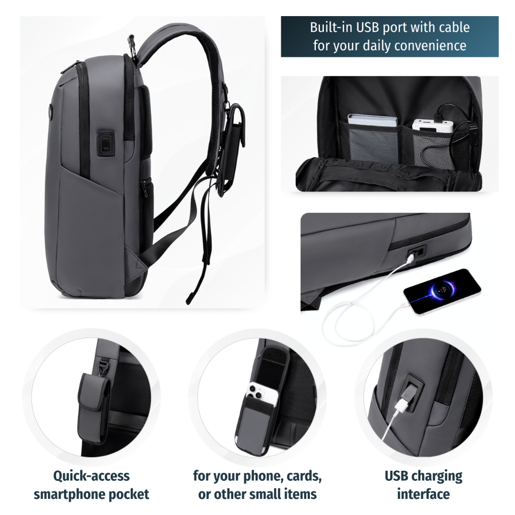 Professional Laptop 15,6" Backpack|USB charging port|Water resistant - Grey