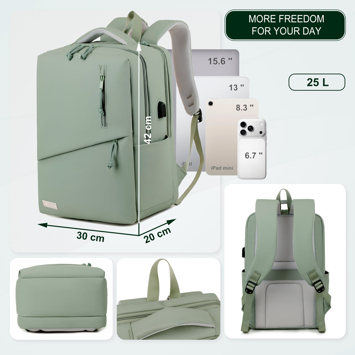 Youth School & College Backpack VIO | Fits 15.6 Laptop A4 | Built-In USB Port | Ryanair & Wizz Air Carry-On For Campus, University & Travel | Water-Resistant – Green