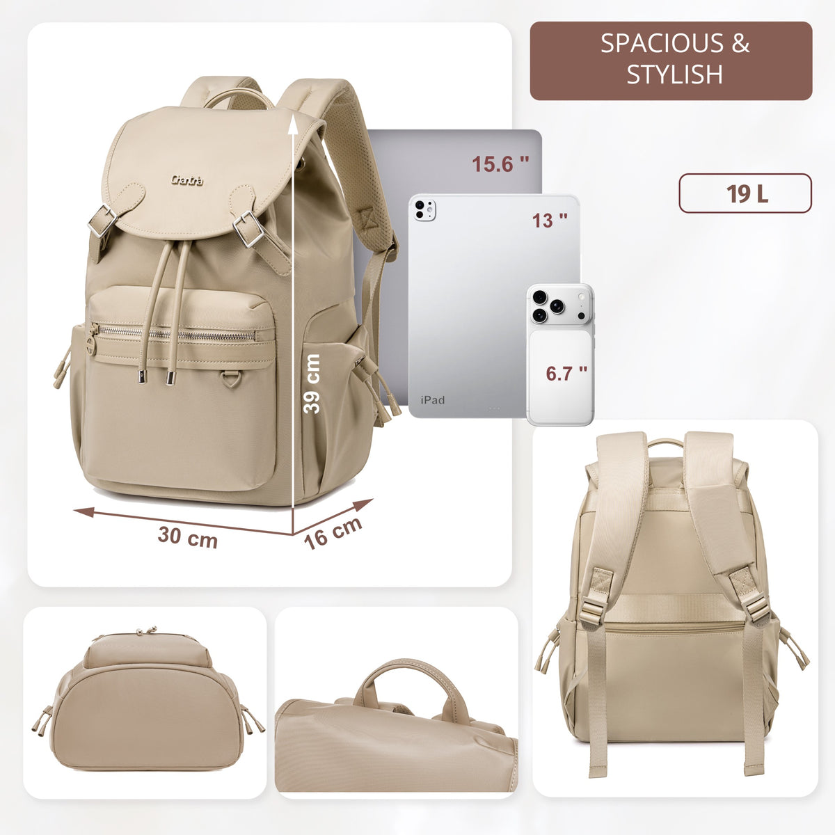 Plecak z klapą damski Chantria | 18L, 10 kieszeni | Laptop 15.6", iPad, A4 | Bezpłatny bagaż Ryanair, Wizz Air – Beżowy
