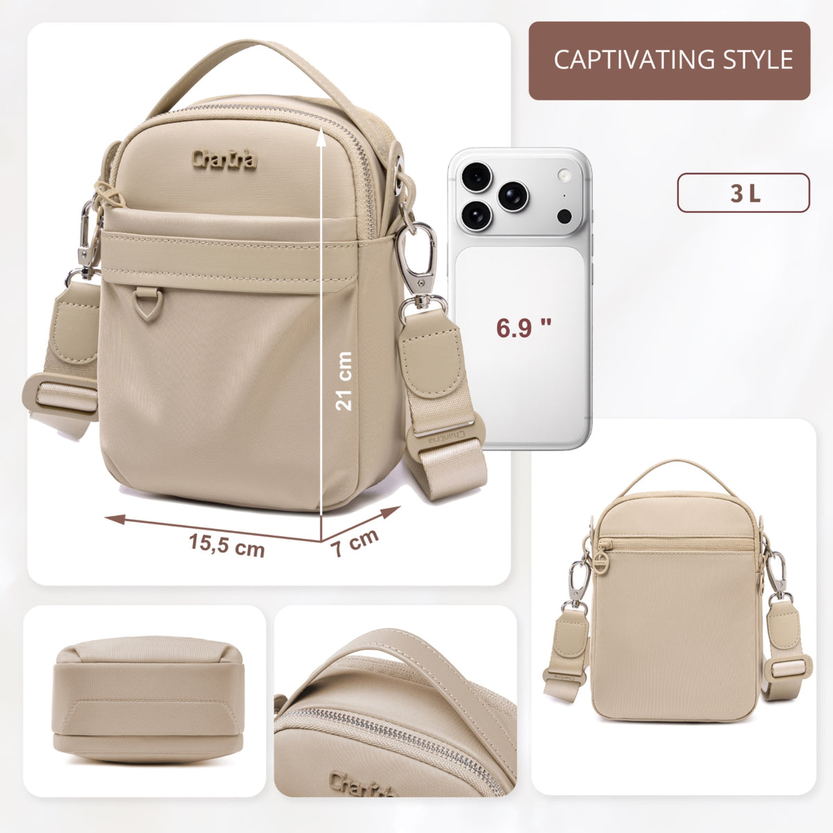 Torebka damska przez ramię crossbody Chantria | Na telefon, dokumenty i niezbędne drobiazgi | Wodoodporny nylon – Beżowy