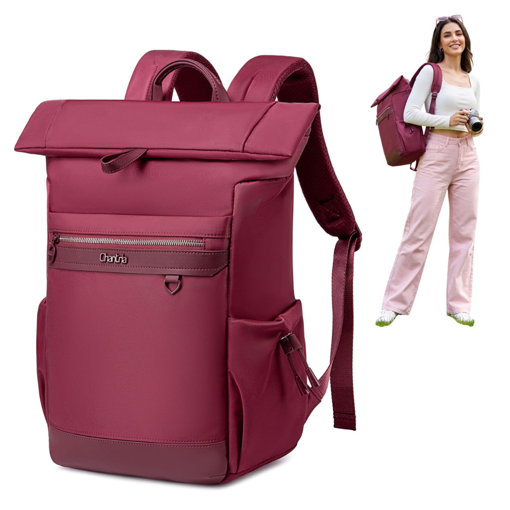 Plecak rolltop damski Chantria | 12 kieszeni | Laptop 15.6", iPad, A4 | Pas na walizkę – Malinowy
