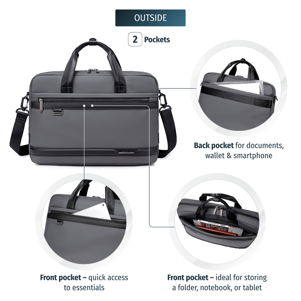 15.6" Laptop Shoulder Bag Arctic Hunter| Luggage Strap | Water Resistant | Business Briefcase – Grey