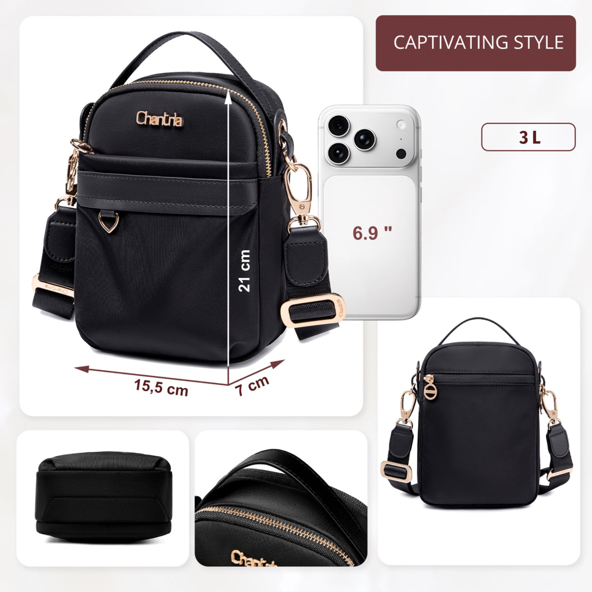 Torebka damska przez ramię crossbody Chantria | Na telefon, dokumenty i niezbędne drobiazgi | Wodoodporny nylon – Czarny