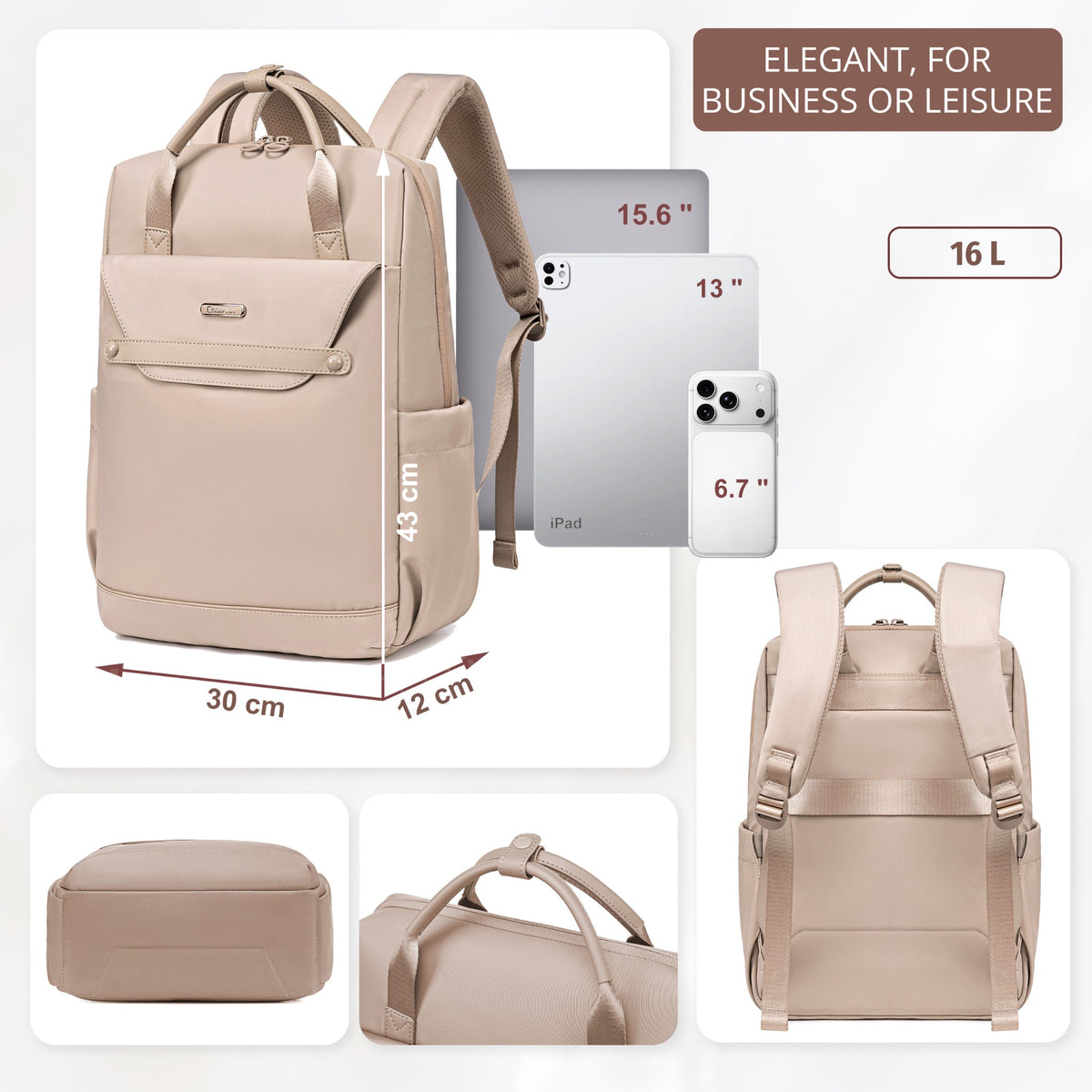 Plecak damski torba Chantria elegancki | Na laptopa 15.6 A4 | Do biura i stylizacji biznesowych | Wodoodporny – Beżowy