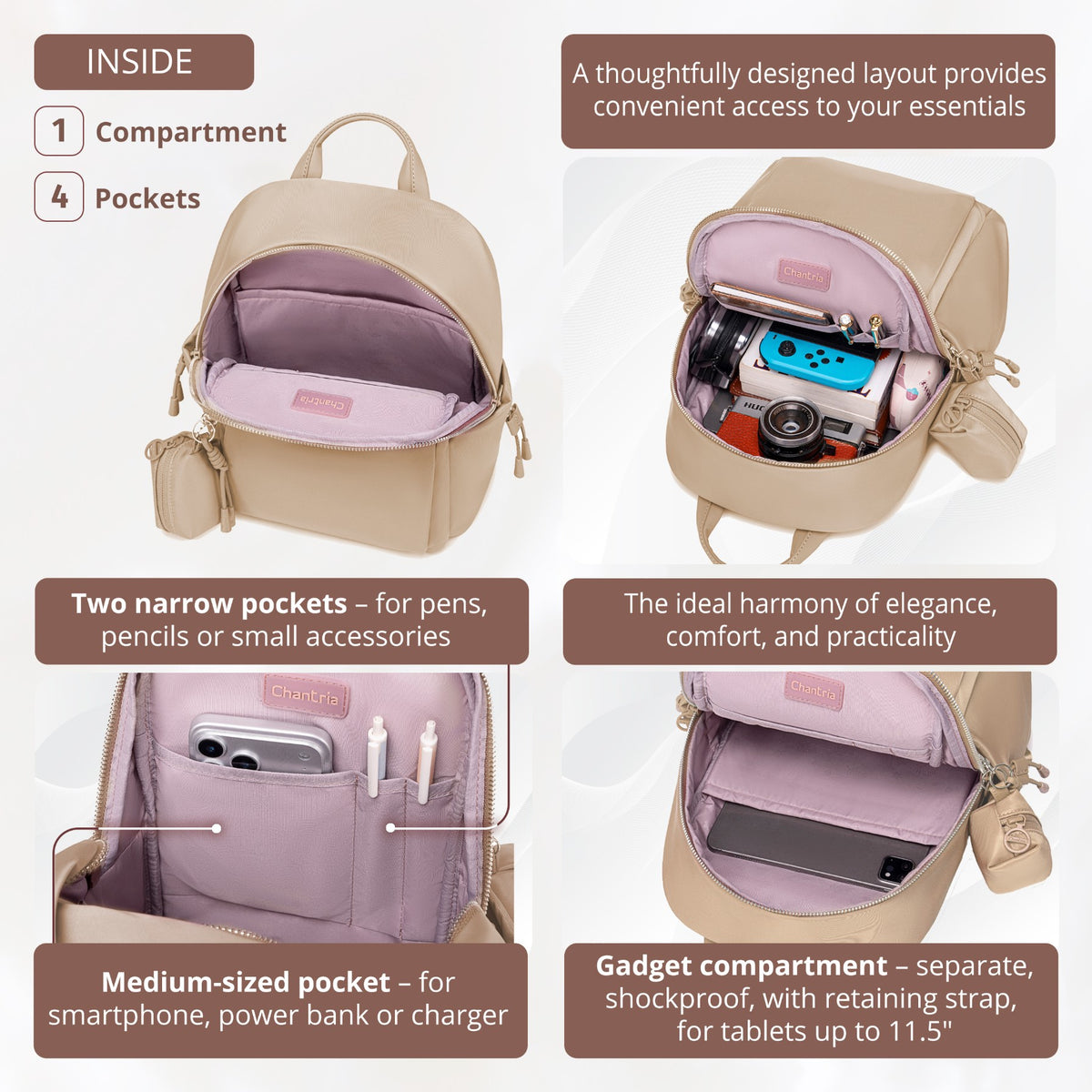 Compact Women's City Backpack Chantria Elegant | Fits iPad & Essentials | With Clip-On Earbuds Case | Smart Pockets | Luggage Strap – Beige