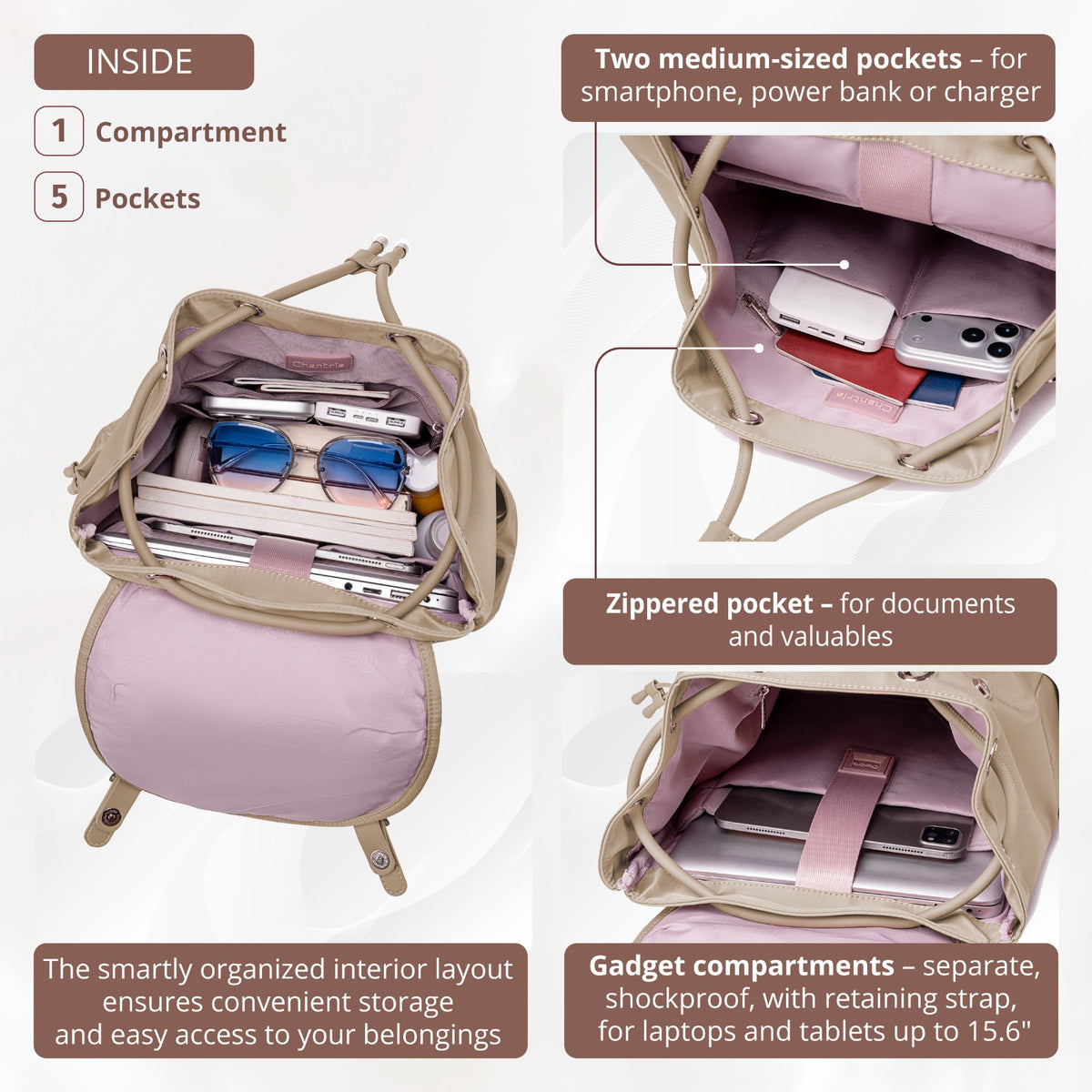 Plecak z klapą damski Chantria | 18L, 10 kieszeni | Laptop 15.6", iPad, A4 | Bezpłatny bagaż Ryanair, Wizz Air – Beżowy