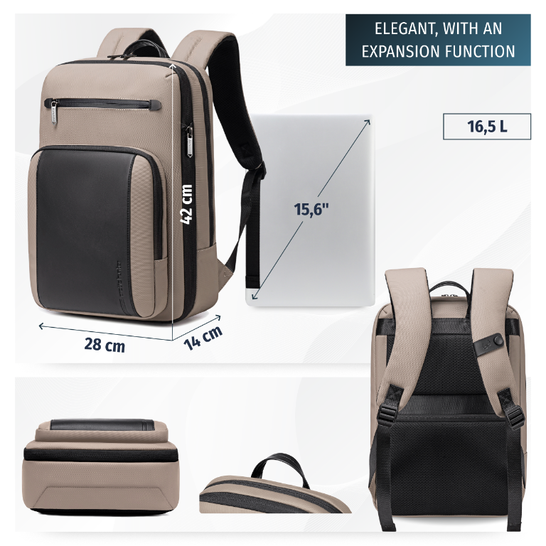 Miejski plecak Arctic Hunter | Laptop 15,6" | Rozszerzalny | Bezpłatny do samolotu – Beżowy