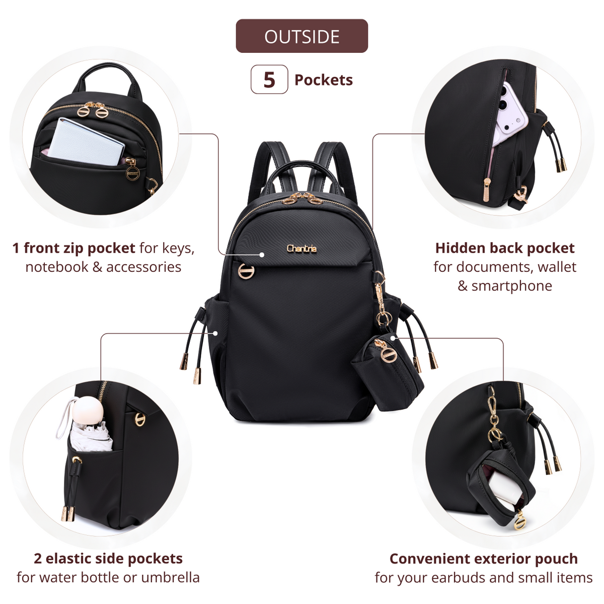 Women's Mini City Backpack Chantria Small & Lightweight | For Going Out & Walks | Fits iPad Phone & Cosmetics | With Keychain Pouch – Black