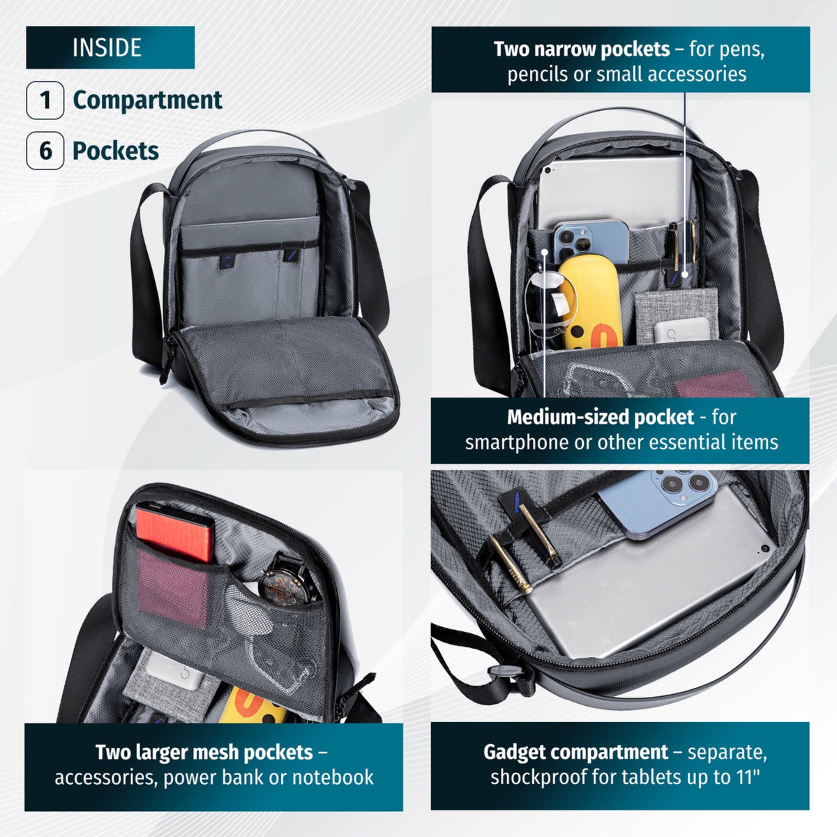 Compact Shoulder Bag Arctic Hunter | Tablet Sleeve | Key Clip | 8 Pockets – Grey