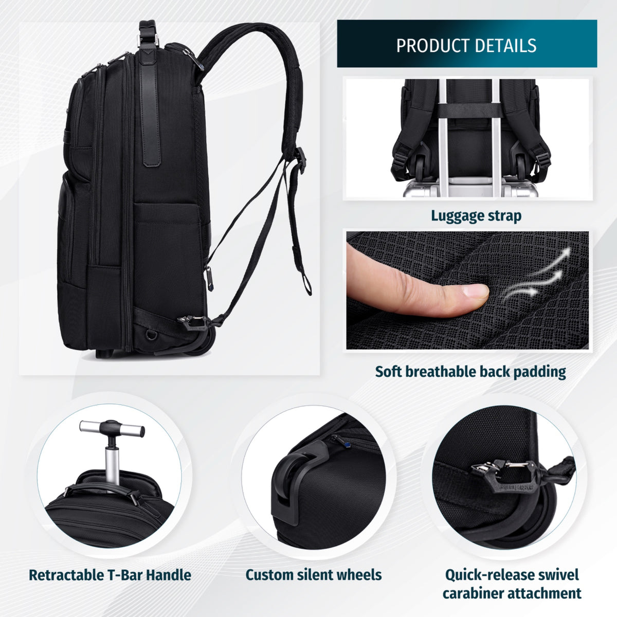 Arctic Hunter 2-in-1 Rolling Backpack Suitcase | Telescopic Handle | 15.6" Laptop | 2 Compartments 12 Pockets 27L – Black