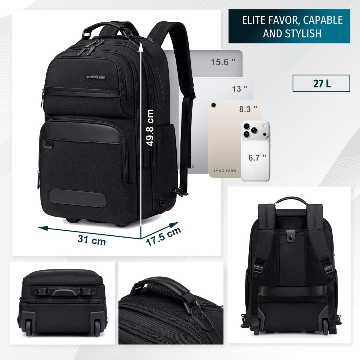 Arctic Hunter 2-in-1 Rolling Backpack Suitcase | Telescopic Handle | 15.6" Laptop | 2 Compartments 12 Pockets 27L – Black