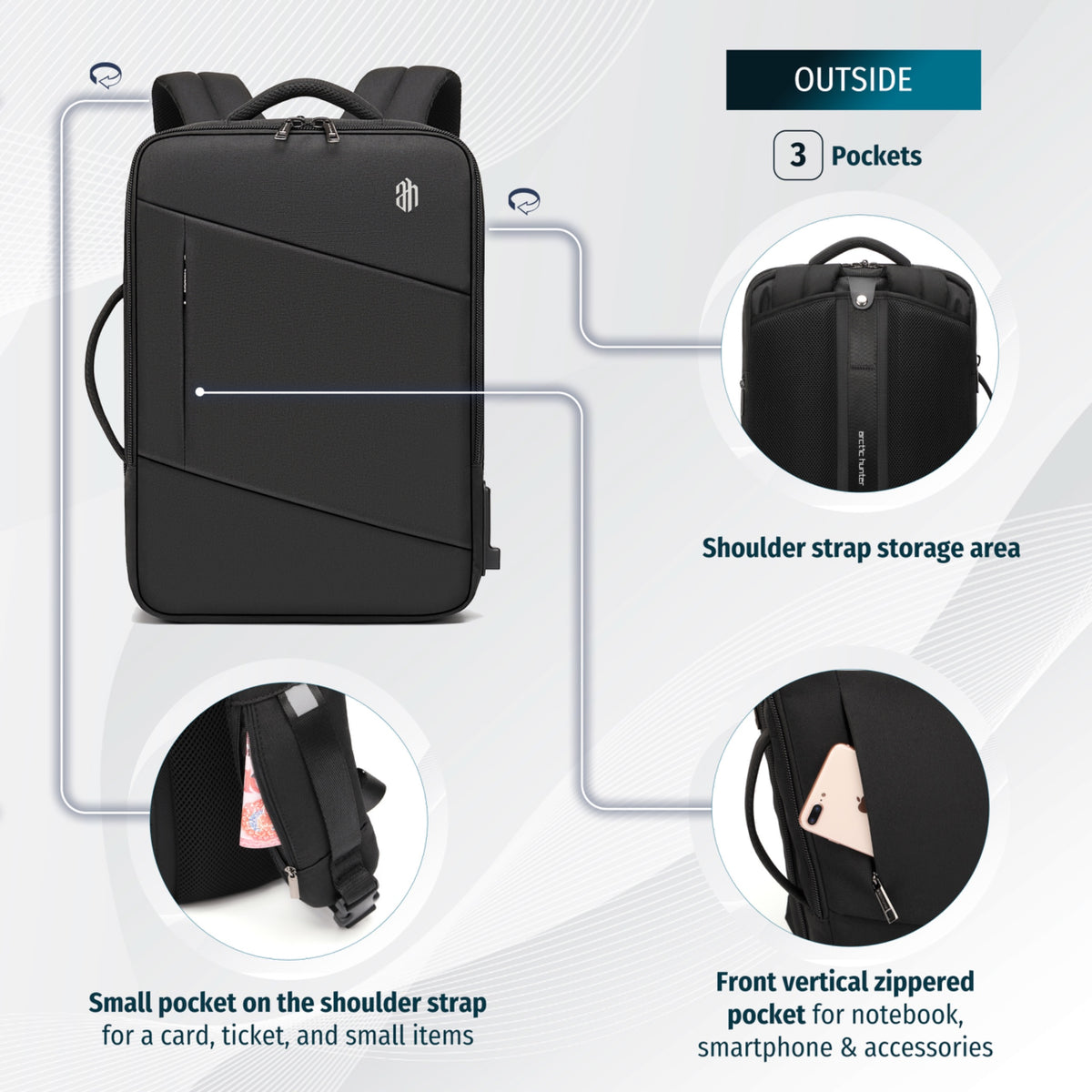Plecak do samolotu bagaż podręczny Arctic Hunter | Rozszerzany +9cm | Port USB | Laptop 15.6" | Komora 180° – Czarny