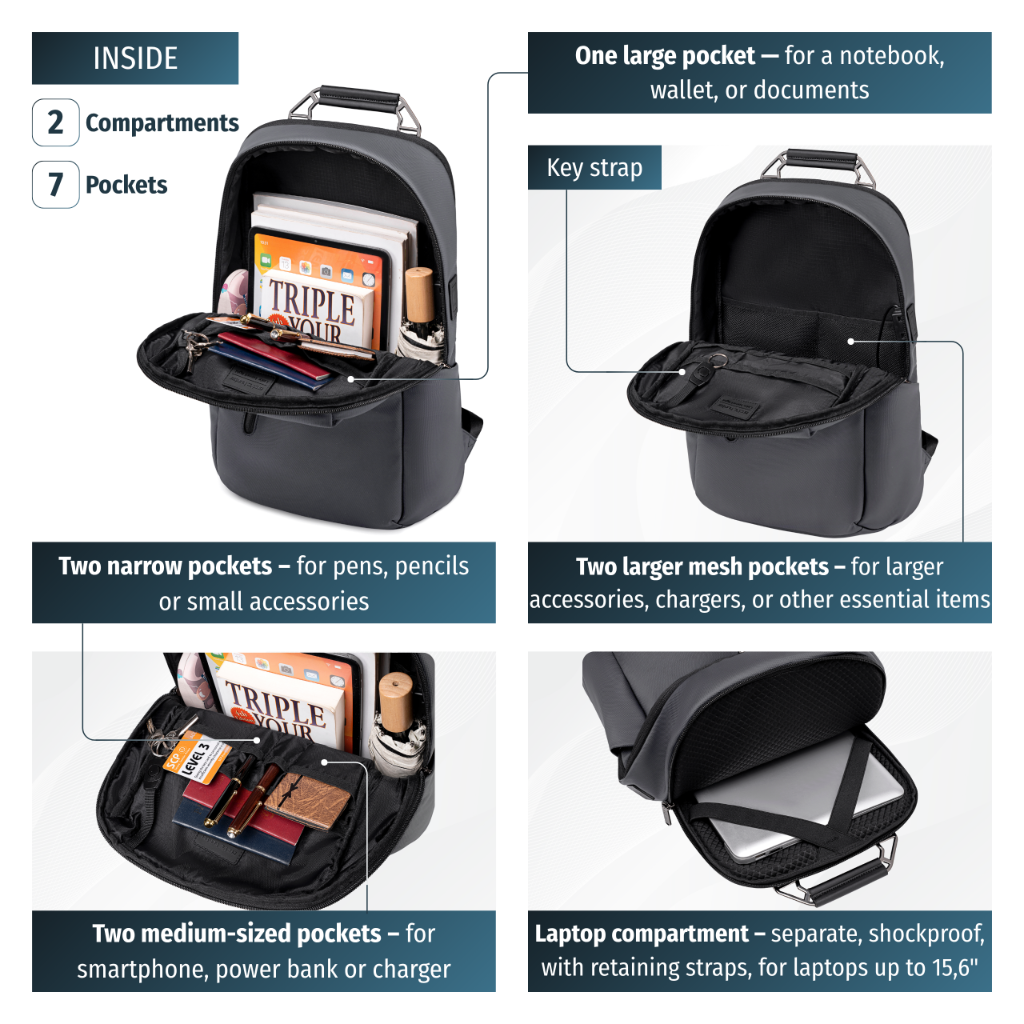 Professional Laptop 15,6" Backpack|USB charging port|Water resistant - Grey