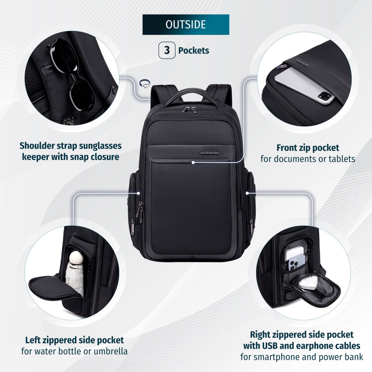 Miejski plecak biznesowy Arctic Hunter | Duży Laptop 17" | Pasek na walizkę | Komora podróżna 180° – Czarny