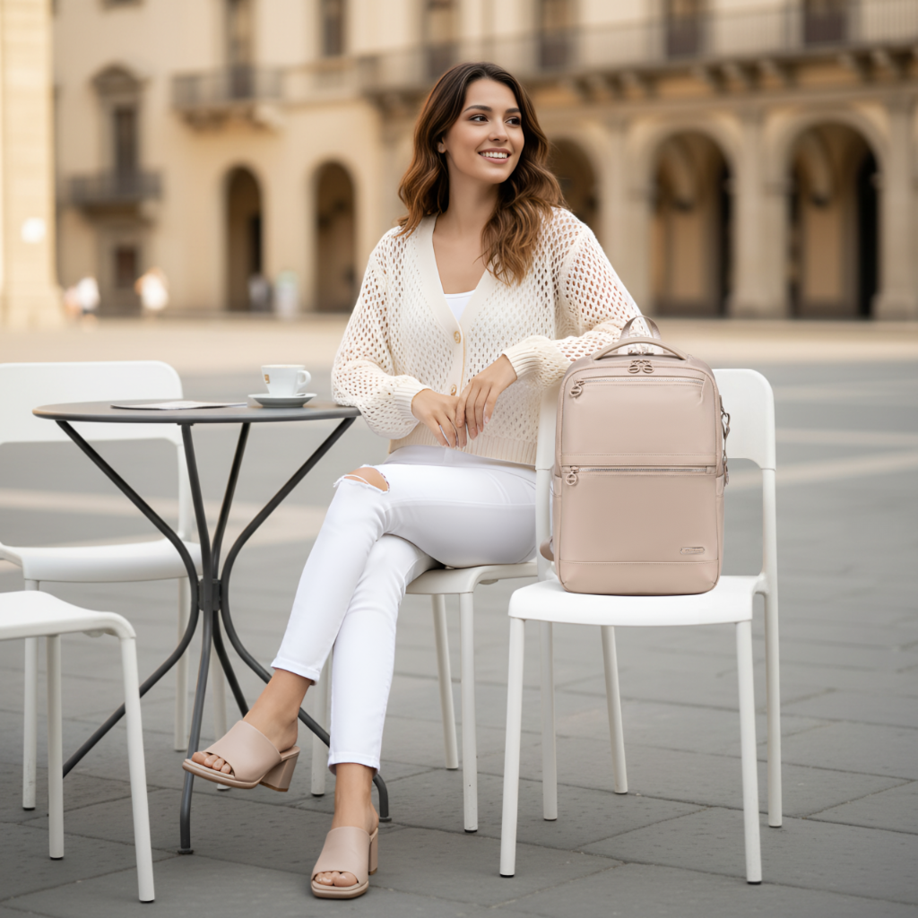 Women's City Backpack Chantria | For College & Work | Fits 15.6 Laptop Books & A4 Folders | Multi-Pocket | Free Carry-On Ryanair Wizzair – Beige