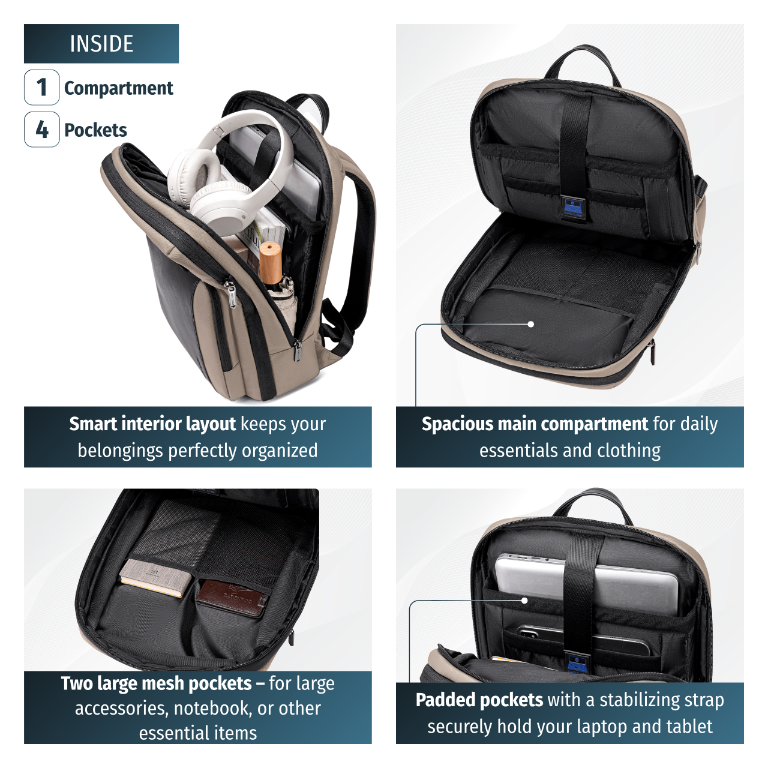 Miejski plecak Arctic Hunter | Laptop 15,6" | Rozszerzalny | Bezpłatny do samolotu – Beżowy
