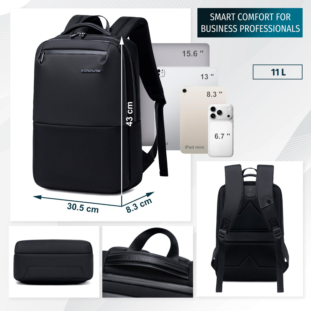 Smart Urban Backpack Arctic Hunter | Laptop 15.6" | Water-Resistant – Black