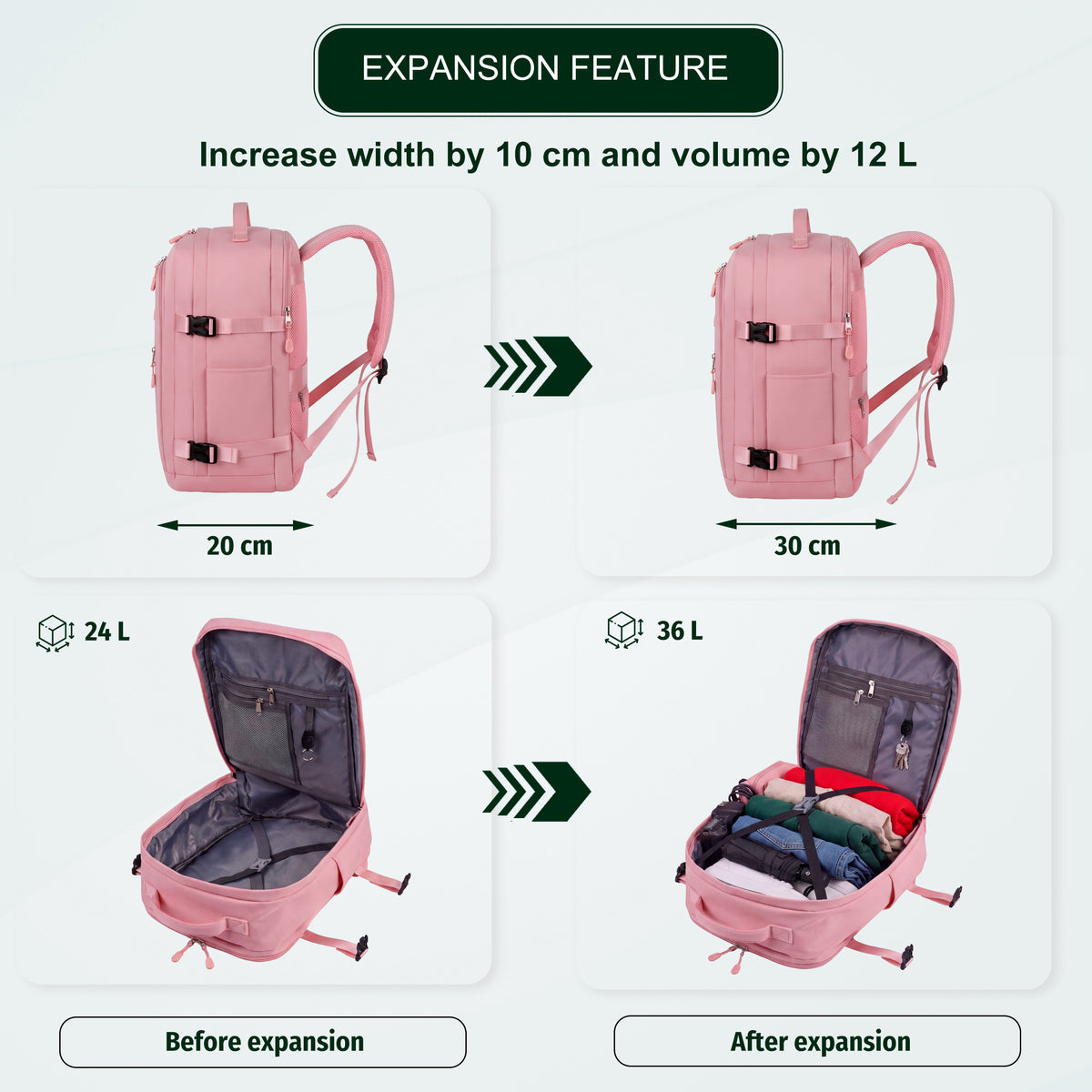 Cabin Travel Backpack | 40x30x20 Ryanair WizzAir | Expandable | Free Carry-On – Pink