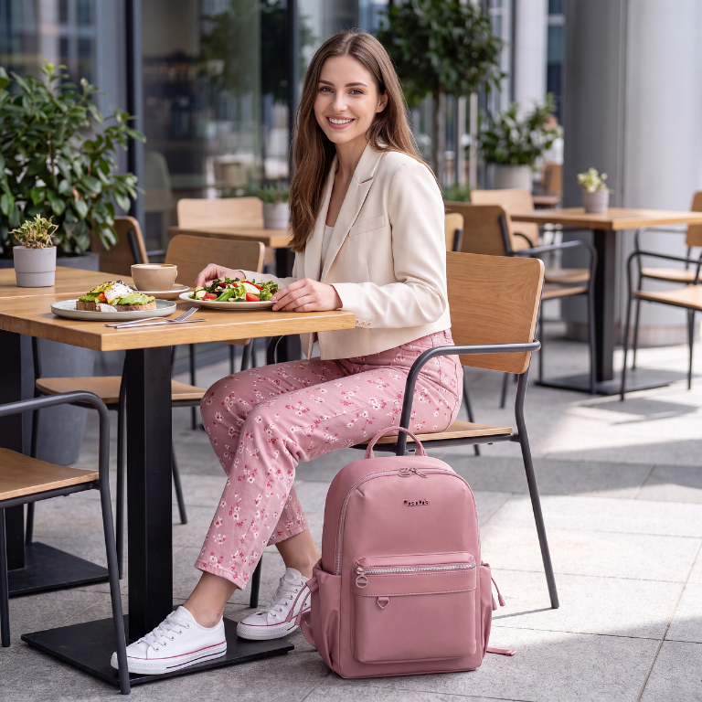Plecak damski miejski Chantria elegancki | Na MacBook Air 13" i iPad | Funkcjonalne wnętrze i kieszeń anti-theft | Na co dzień i w podróż | Pas na walizkę – Antyczny róż