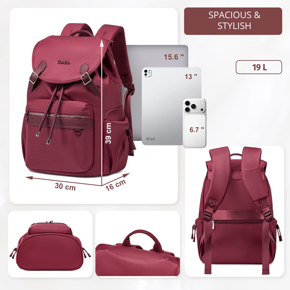 Plecak z klapą damski Chantria | 18L, 10 kieszeni | Laptop 15.6", iPad, A4 | Bezpłatny bagaż Ryanair, Wizz Air – Malinowy