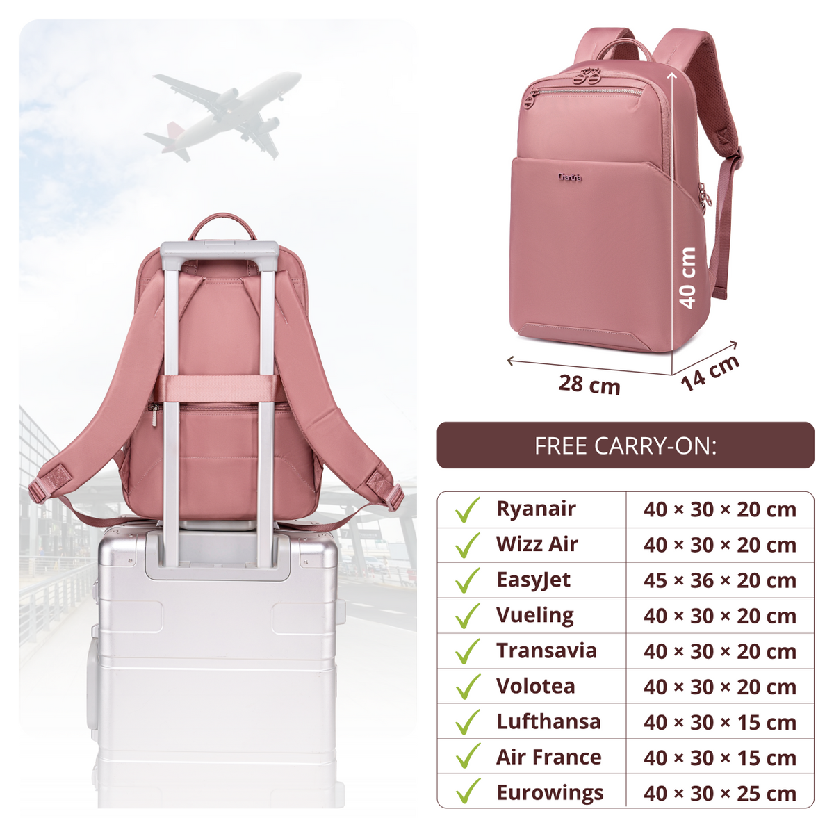 Plecak damski miejski Chantria elegancki | Na laptop 15,6" teczki A4 i książki | Do pracy na uniwersytet i styl biznesowy | Dwukomorowy | Pas na walizkę – Antyczny róż