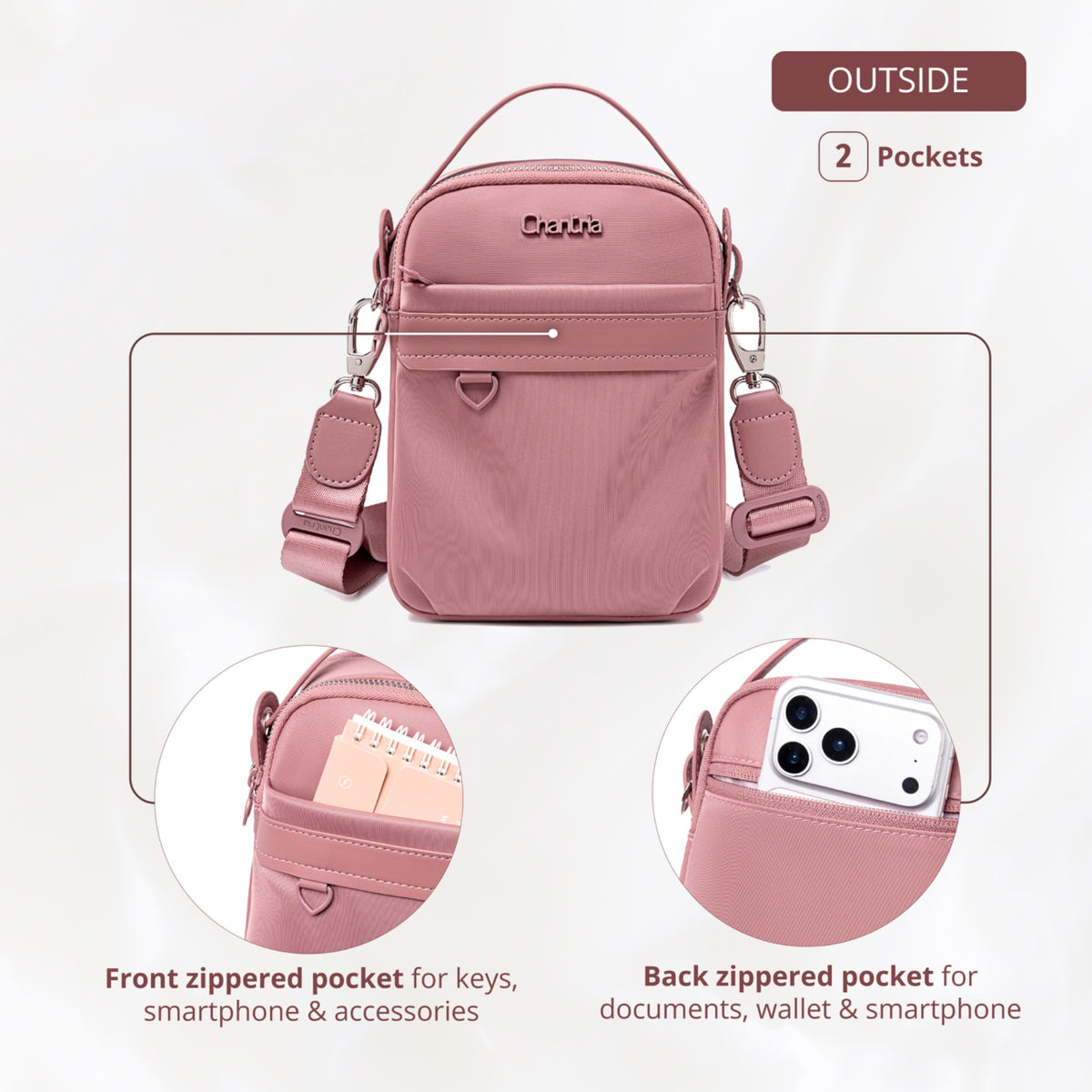 Torebka damska przez ramię crossbody Chantria | Na telefon, dokumenty i niezbędne drobiazgi | Wodoodporny nylon – Antyczna roza