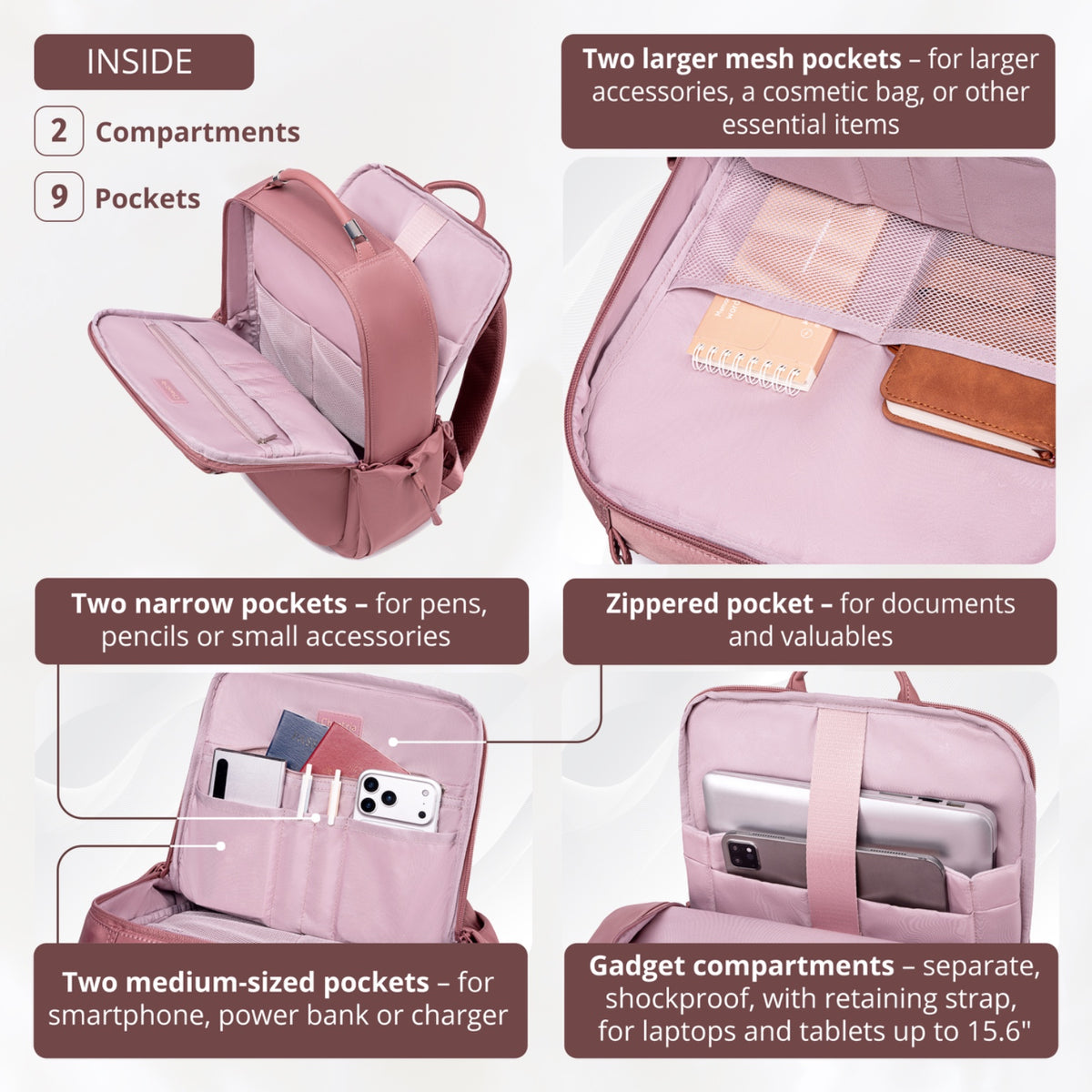 Chantria Women's Organizer Backpack | 2 Compartments, 15 Pockets | Fits 15.6" Laptop, iPad, A4 | Luggage Strap – Antique Rose