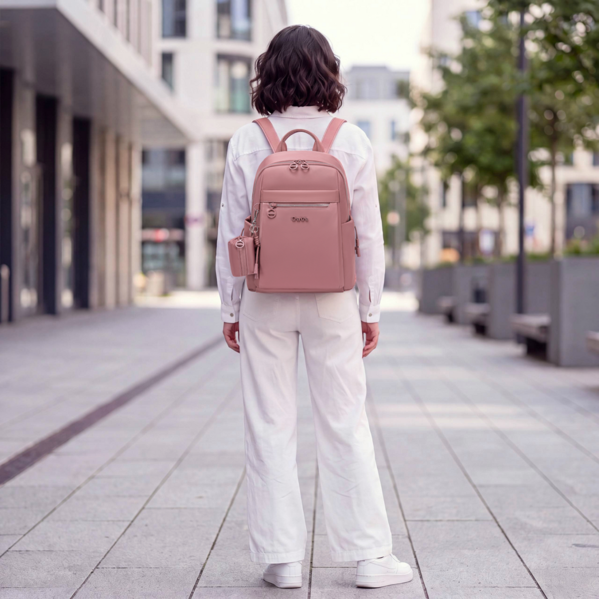 Compact Women's City Backpack Chantria Elegant | Fits iPad & Essentials | With Clip-On Earbuds Case | Smart Pockets | Luggage Strap – Antique Rose