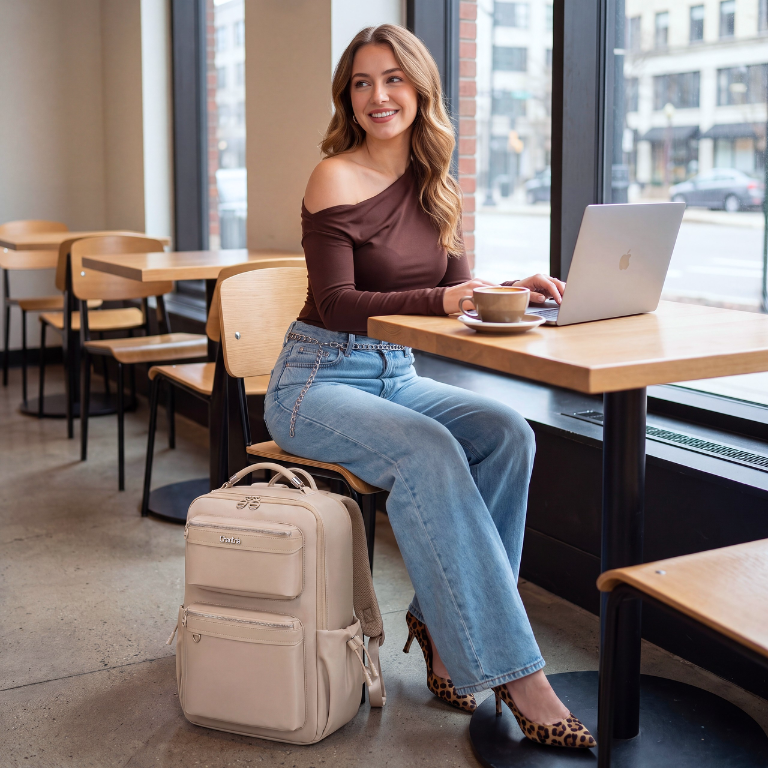 Chantria Women's Organizer Backpack | 2 Compartments, 15 Pockets | Fits 15.6" Laptop, iPad, A4 | Luggage Strap – Beige