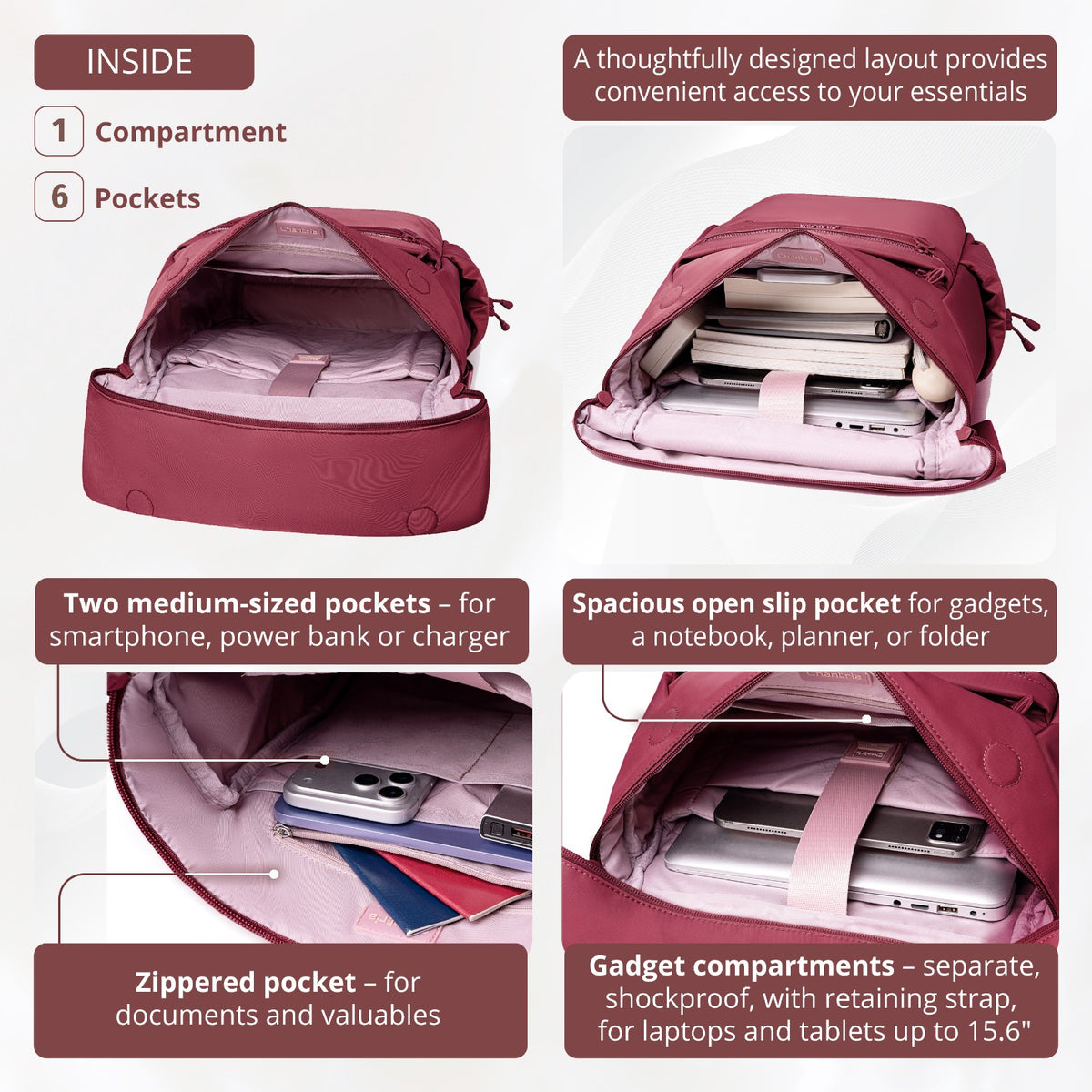 Plecak rolltop damski Chantria | 12 kieszeni | Laptop 15.6", iPad, A4 | Pas na walizkę – Malinowy