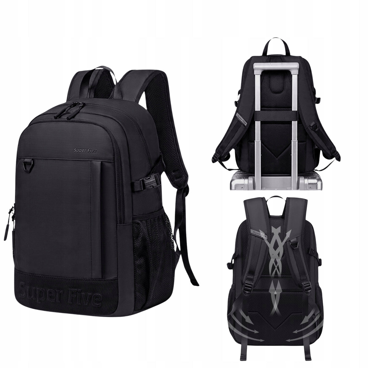 Czarny plecak miejski wodoodporny, 18 l, na laptop 15,6", do pracy, studiów i podróży. SUPER FIVE FB696 Black
