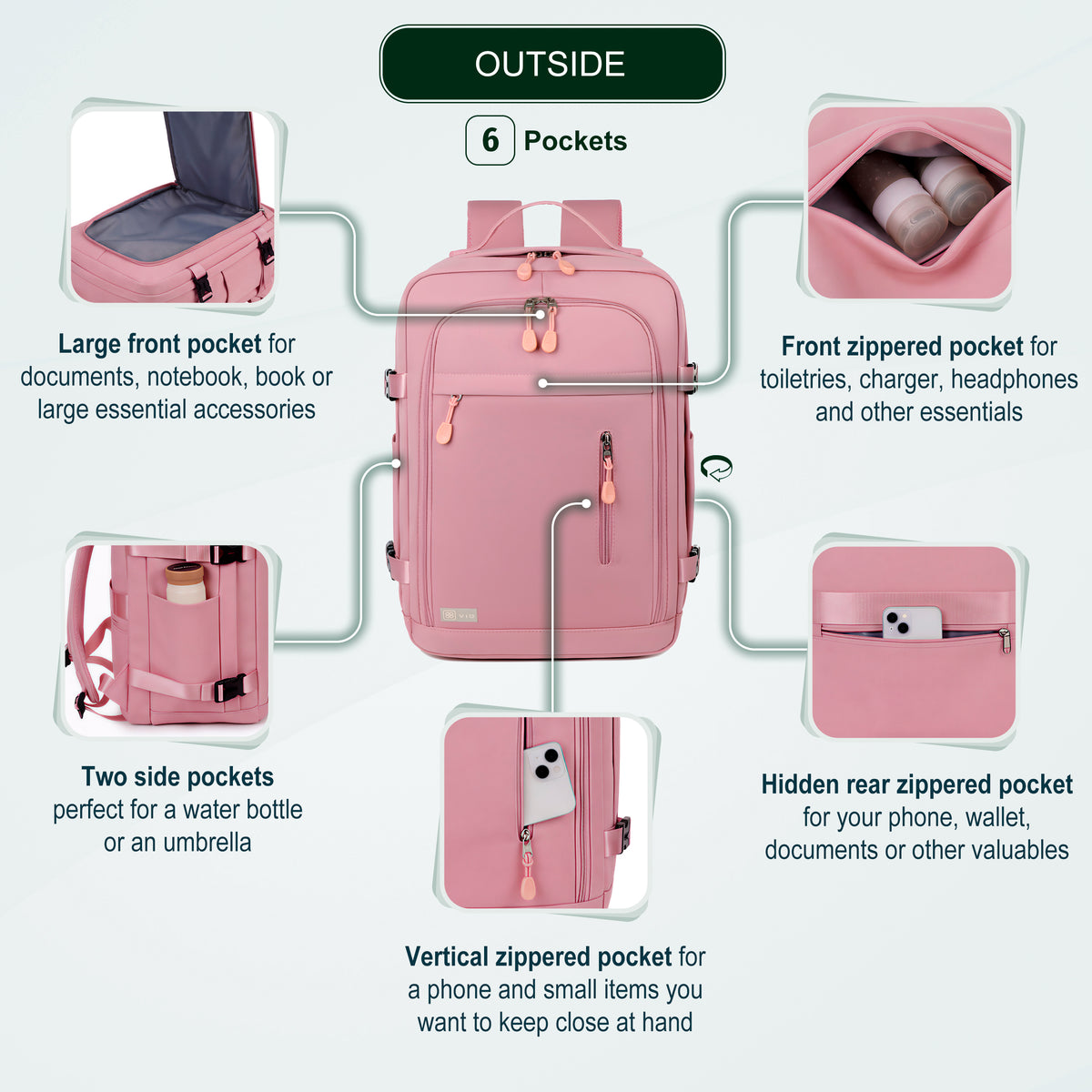 Cabin Travel Backpack | 40x30x20 Ryanair WizzAir | Expandable | Free Carry-On – Pink