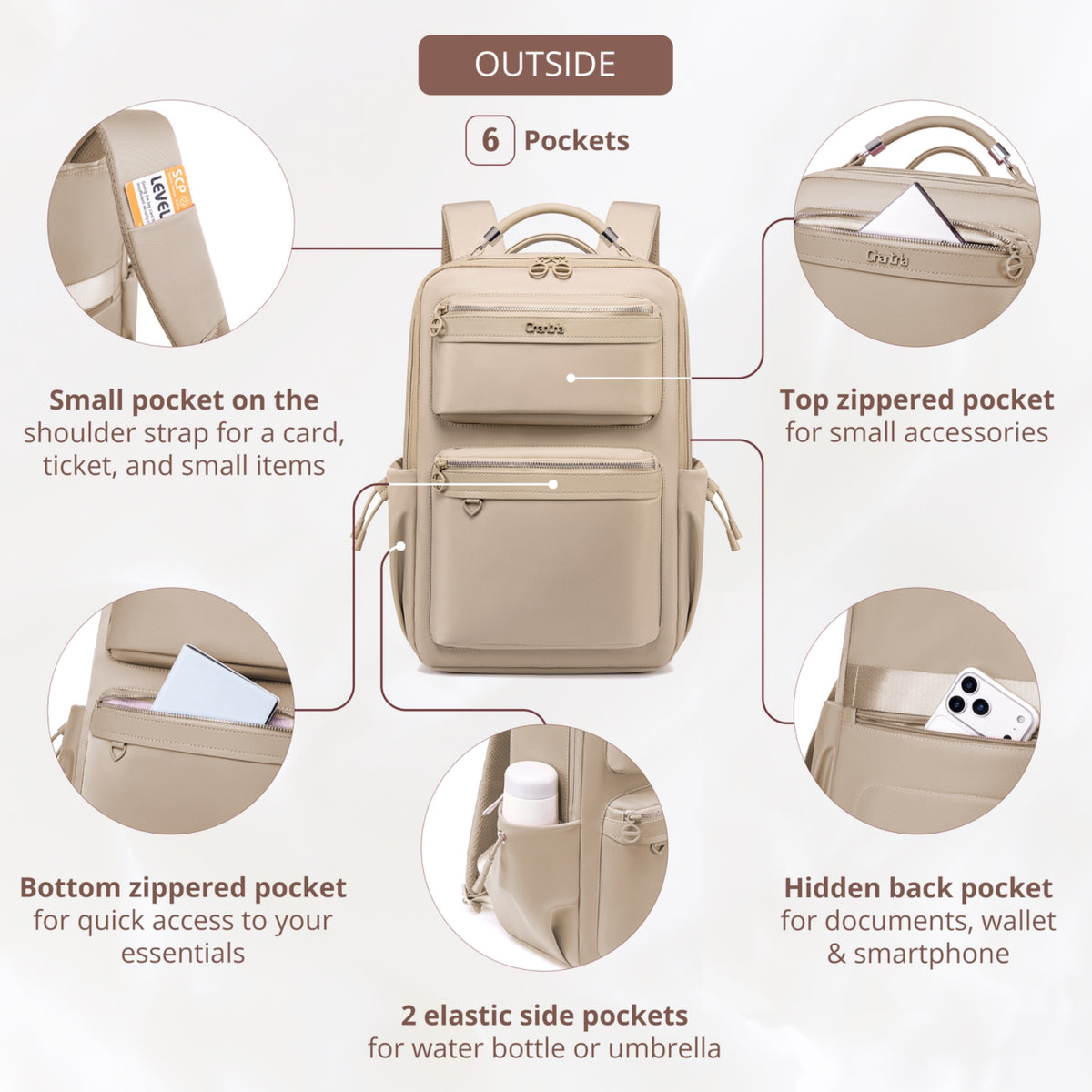 Chantria Women's Organizer Backpack | 2 Compartments, 15 Pockets | Fits 15.6" Laptop, iPad, A4 | Luggage Strap – Beige