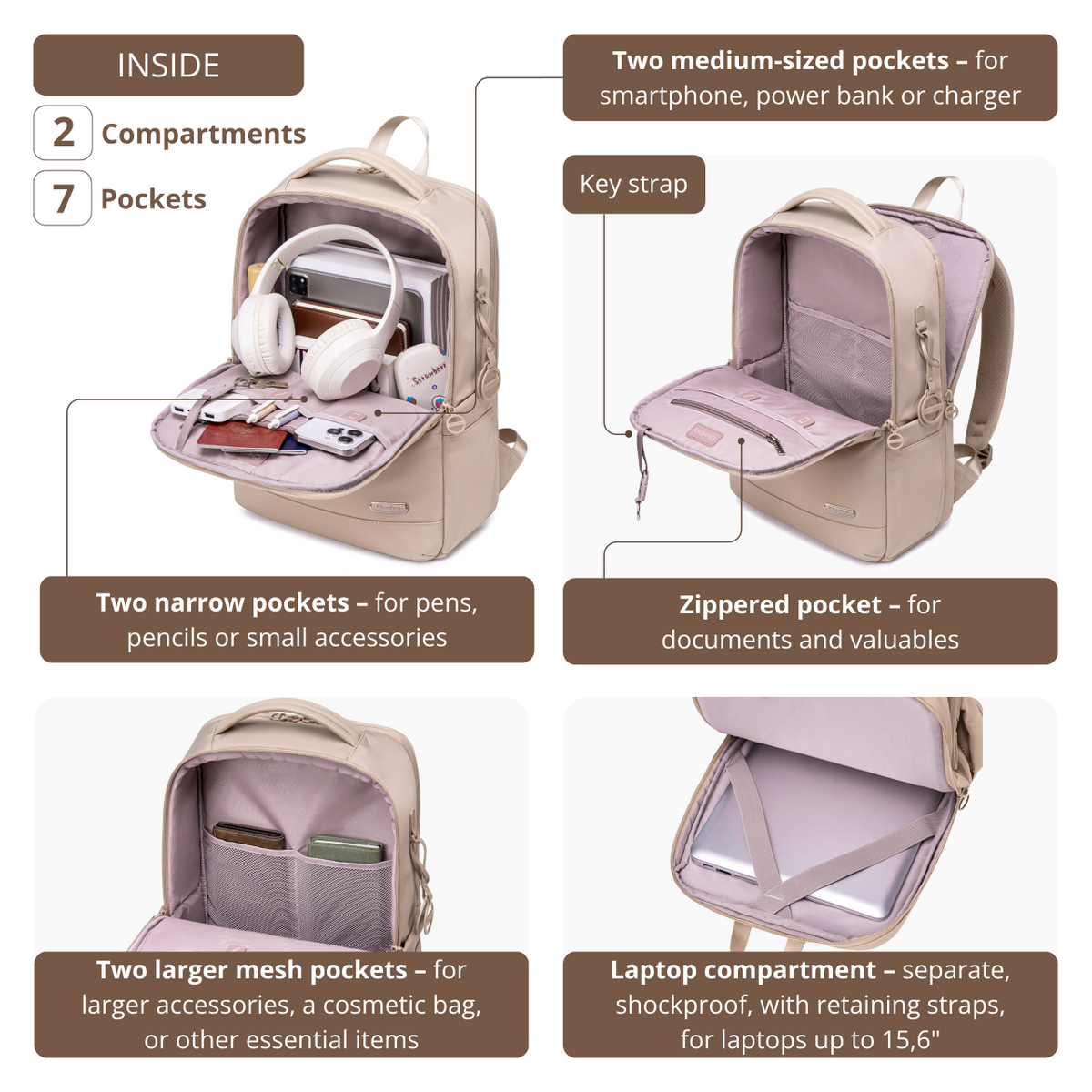 Women's City Backpack Chantria | For College & Work | Fits 15.6 Laptop Books & A4 Folders | Multi-Pocket | Free Carry-On Ryanair Wizzair – Beige