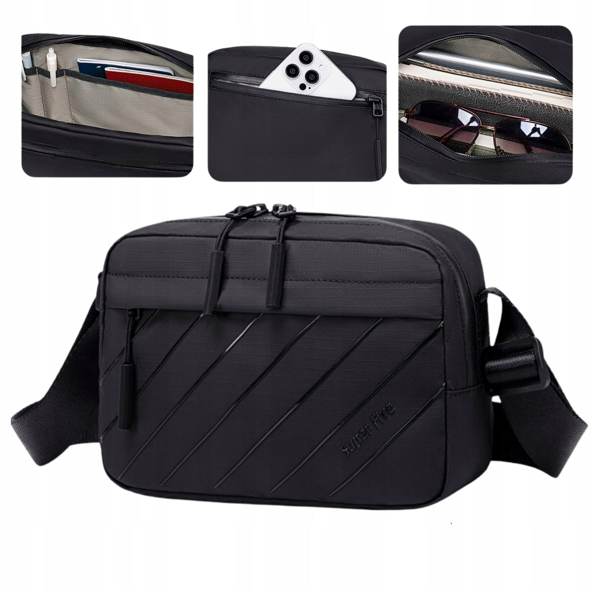 Torebka listonoszka czarna miejska wodoodporna modna na ramię elegancka uniwersalna 2,6 l Super5 FKB754Black
