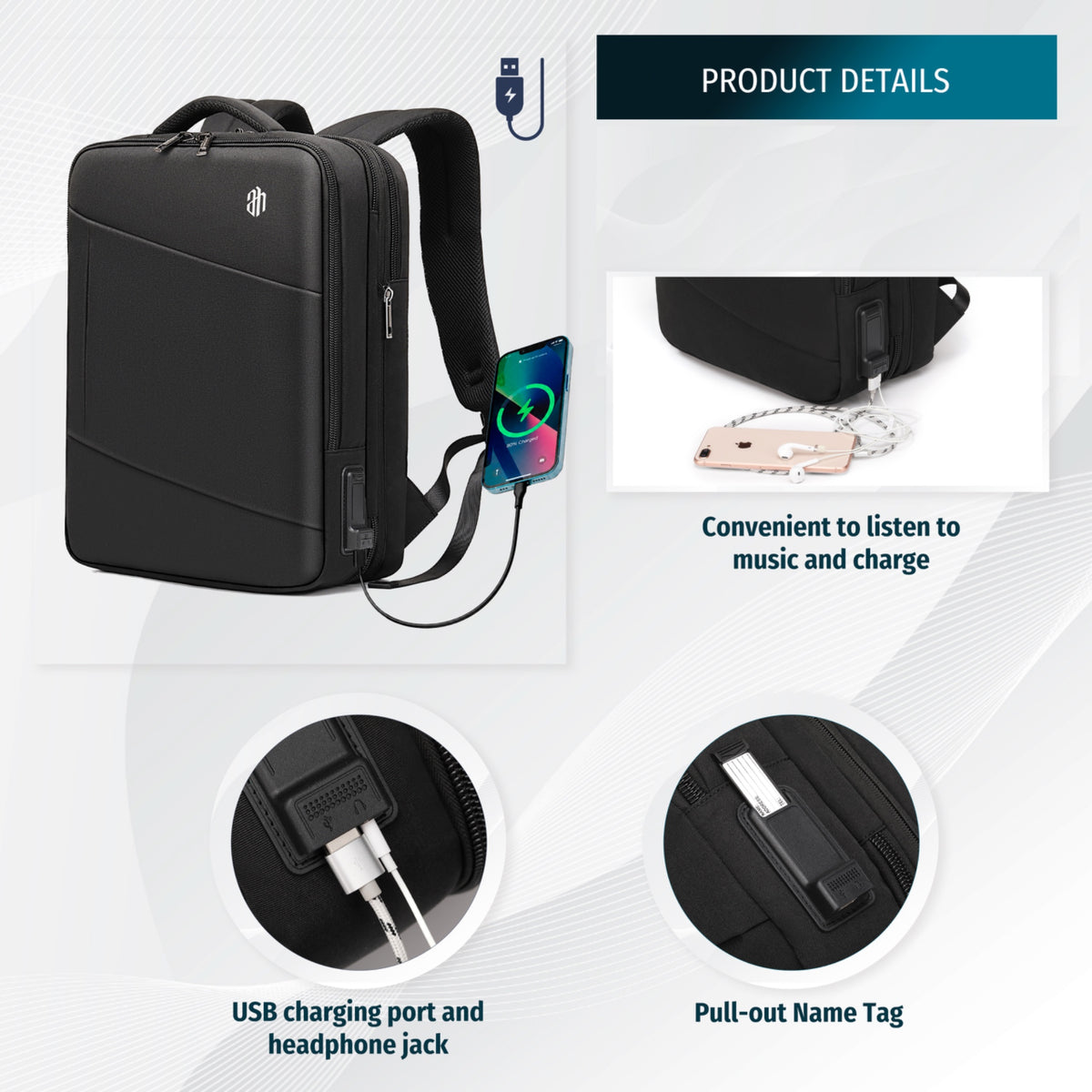 Plecak do samolotu bagaż podręczny Arctic Hunter | Rozszerzany +9cm | Port USB | Laptop 15.6" | Komora 180° – Czarny