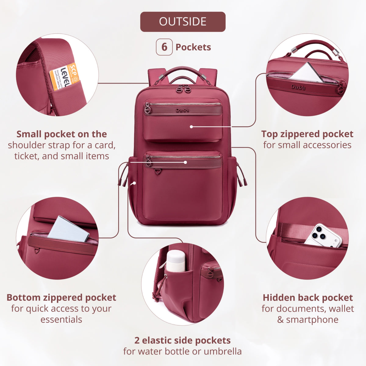 Chantria Women's Organizer Backpack | 2 Compartments, 15 Pockets | Fits 15.6" Laptop, iPad, A4 | Luggage Strap – Berry