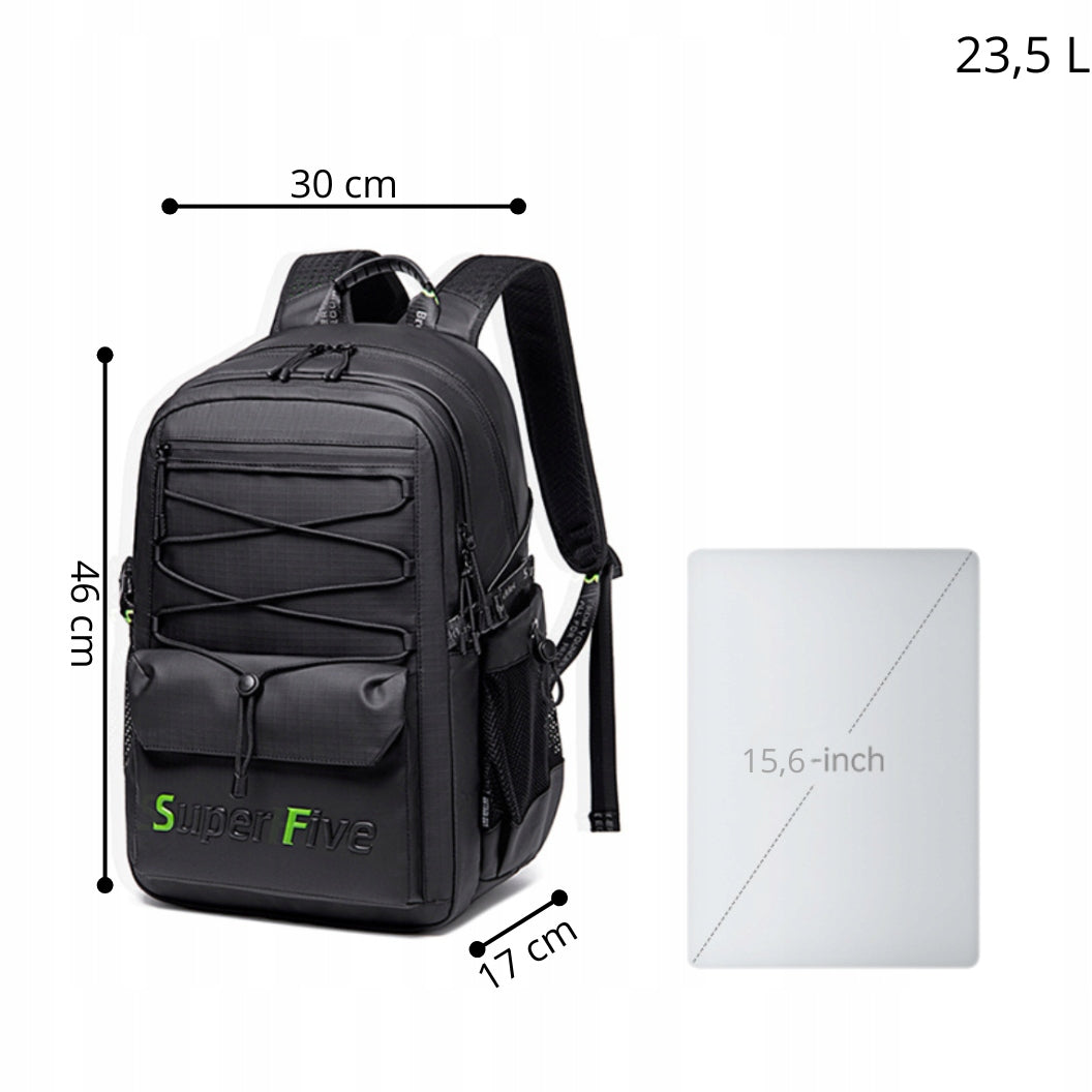Czarny plecak miejski młodzieżowy, wodoodporny, na laptop 15,6", 23 l - na studia i podróże. SUPER FIVE FB522 Black.