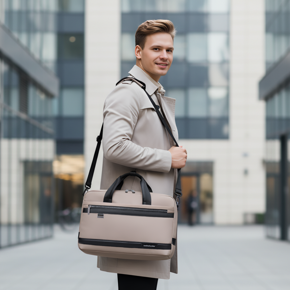 Torba na ramię na laptopa 15.6" | Pasek na walizkę | Wodoodporna | Do pracy i podróży - Beźowa