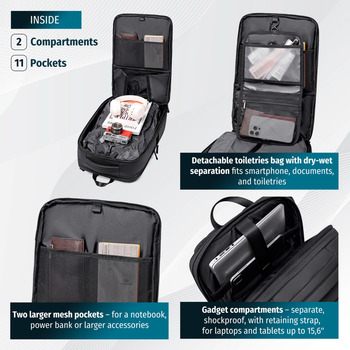 Modern Travel Backpack Arctic Hunter | Vacuum Compression Bag & Electric Pump | Spacious Storage | Laptop 15.6" - Black