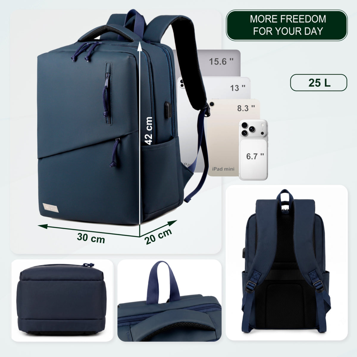 Youth School & College Backpack VIO | Fits 15.6 Laptop A4 | Built-In USB Port | Ryanair & Wizz Air Carry-On For Campus, University & Travel | Water-Resistant – Dark Blue