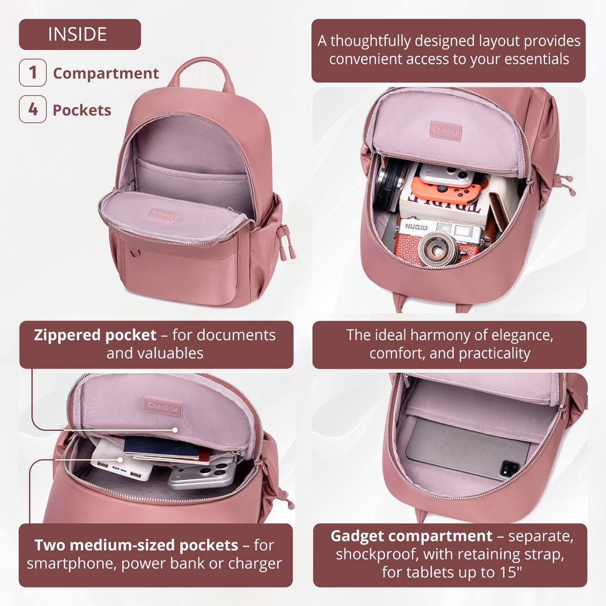Plecak damski miejski Chantria elegancki | Na MacBook Air 13" i iPad | Funkcjonalne wnętrze i kieszeń anti-theft | Na co dzień i w podróż | Pas na walizkę – Antyczny róż
