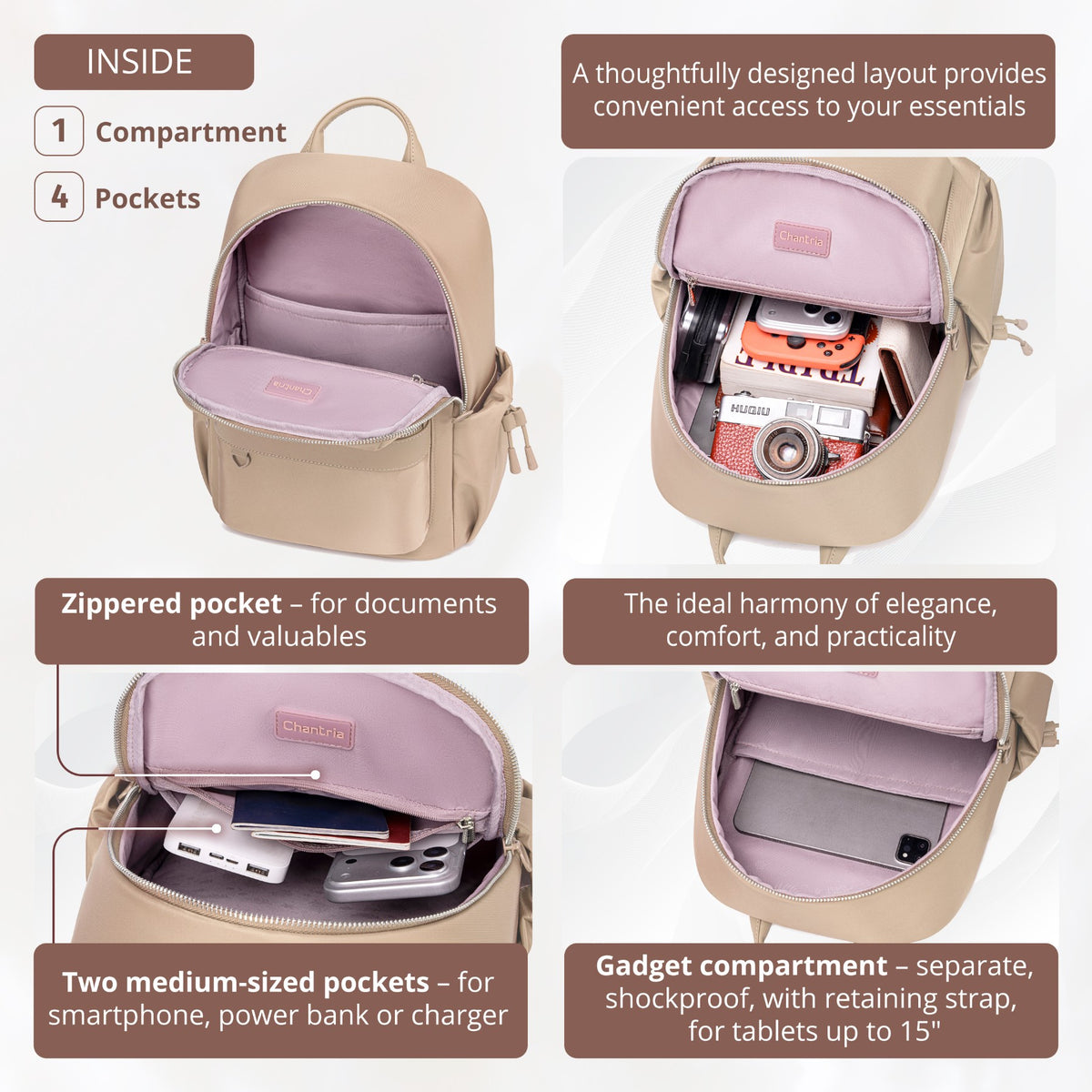 Women's City Backpack Chantria Elegant | Fits MacBook Air 13" & iPad | Smart Multi-Pockets & Anti-Theft | Everyday Casual & Travel | Luggage Strap – Beige