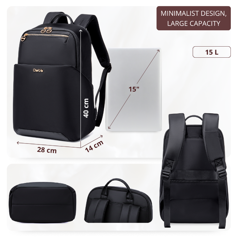 Plecak damski miejski Chantria elegancki | Na laptop 15,6" teczki A4 i książki | Do pracy na uniwersytet i styl biznesowy | Dwukomorowy | Pas na walizkę – Czarny