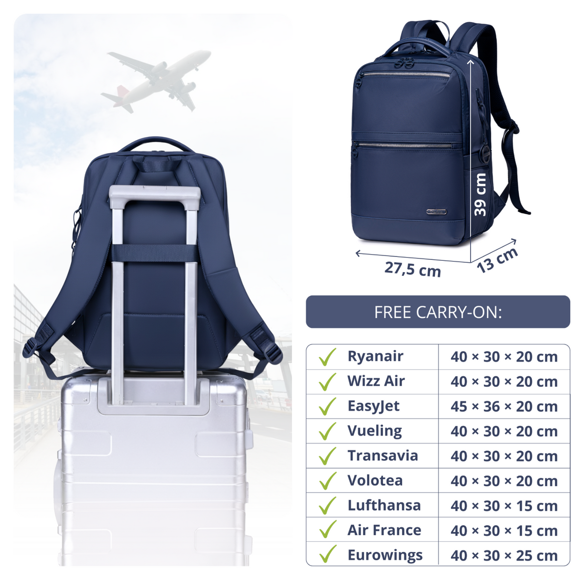 Plecak damski miejski Chantria | Na studia i do pracy | Na laptopa 15.6 książki i teczki A4 | Wiele kieszeni | Bagaż podręczny Ryanair Wizzair – Niebieski
