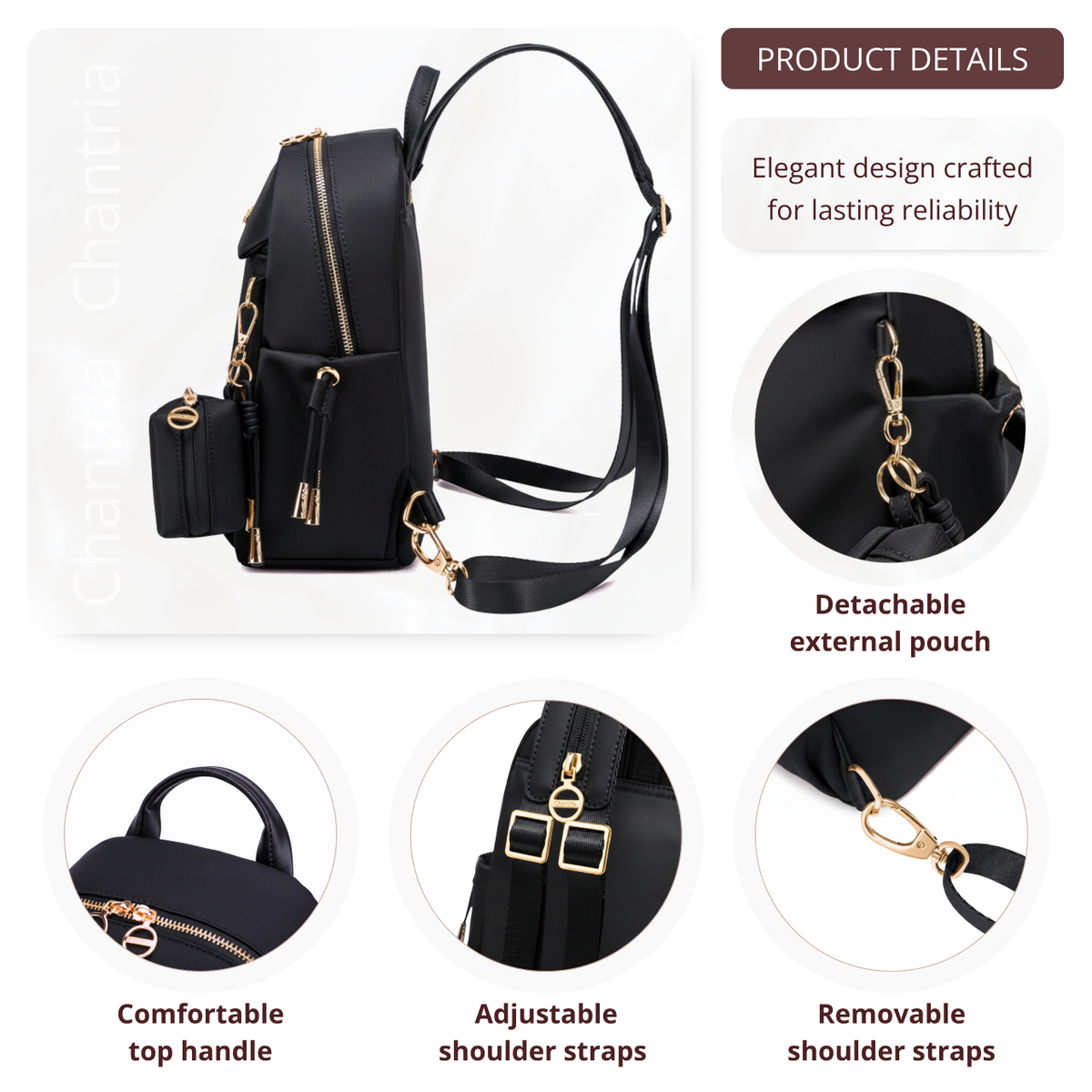 Women's Mini City Backpack Chantria Small & Lightweight | For Going Out & Walks | Fits iPad Phone & Cosmetics | With Keychain Pouch – Black
