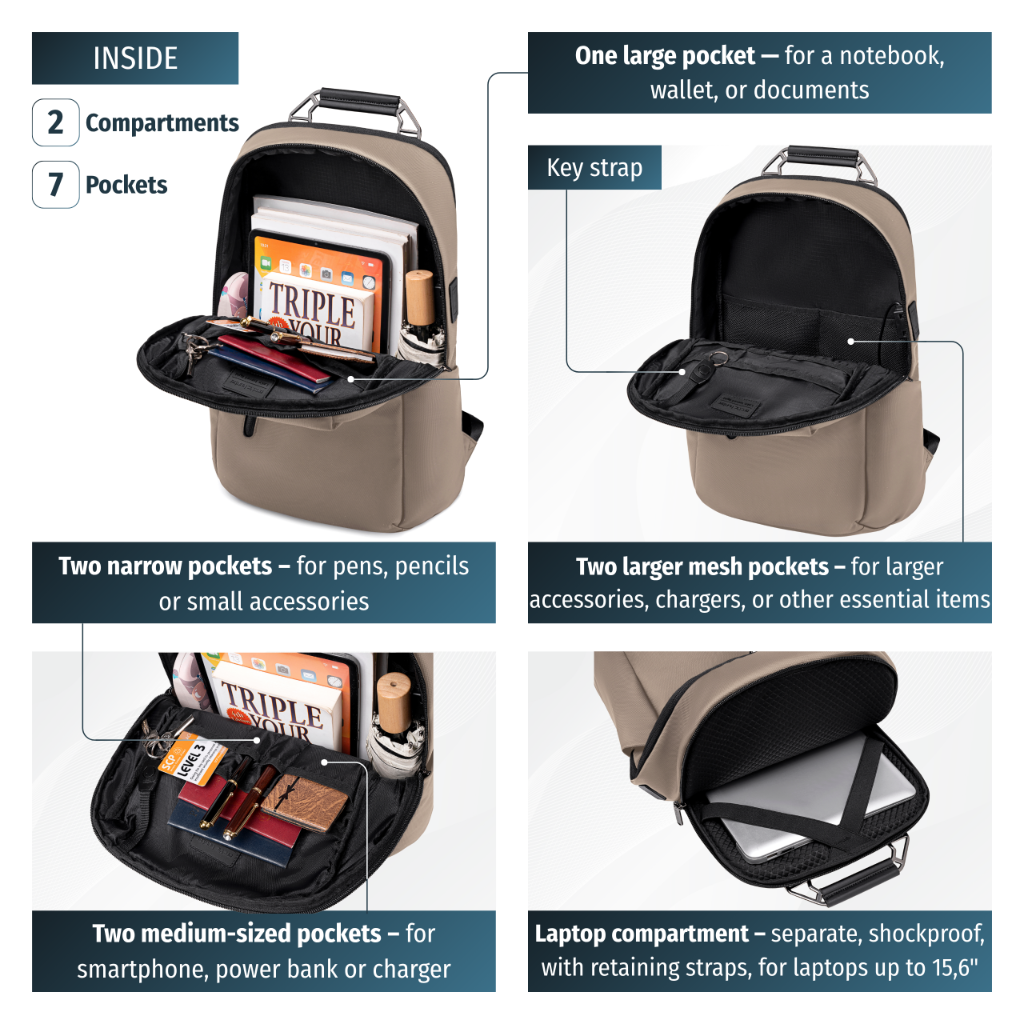 Smart City Work Travel Backpack | Laptop Storage 15,6"| USB Port – Beige
